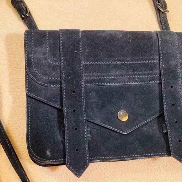 Proenza Schouler navy blue suede shoulder bag,double buckle strap/snap closure - Picture 2 of 14